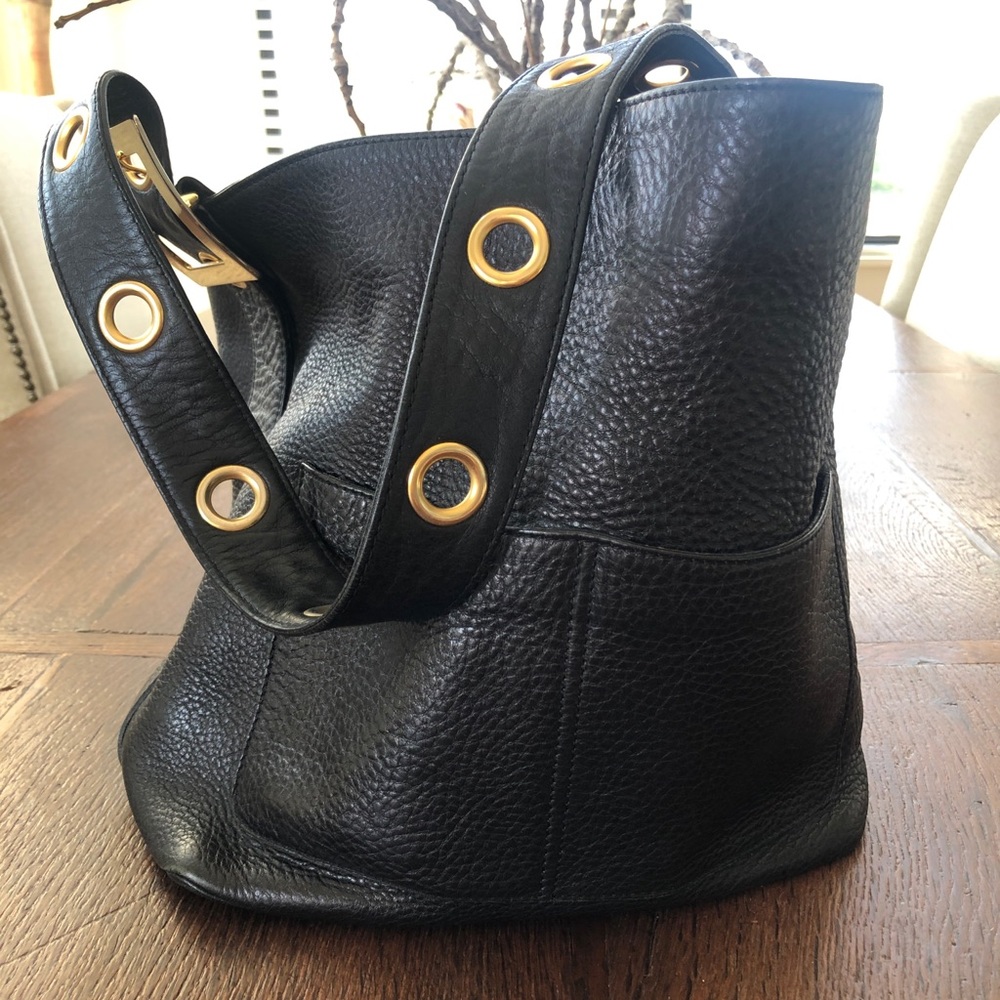 Neiman Marcus pebbled leather black bucket bag